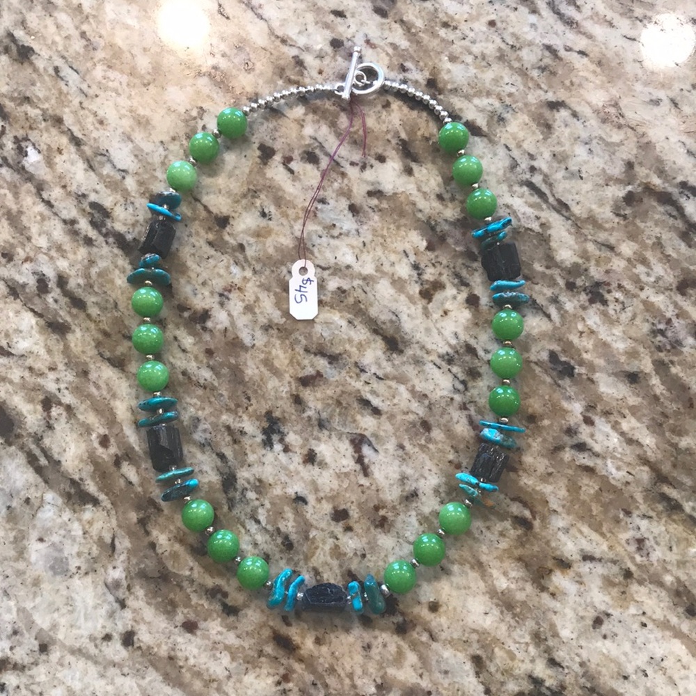 Green Jade, TQ and tourmaline necklace